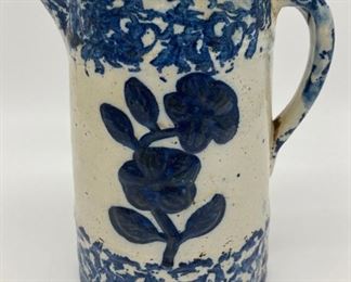 Blue and white floral pottery pitcher
