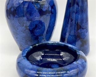 Vintage brush art blue drip onyx pottery vases and bowl