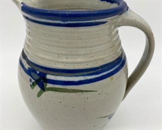 Bllue, white and green pottery pitcher