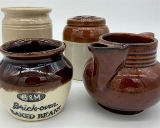 B&M Brick-Oven Baked Beans crock; Salada teapot; stoneware jug; two-toned stoneware jug with lid