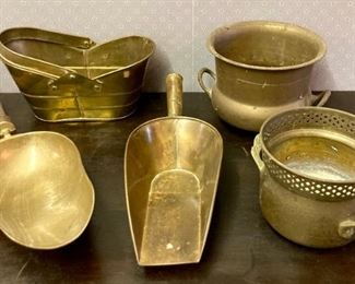 Vintage brass basket; vintage brass planters; vintage brass scoop; vintage wood handle brass scoop