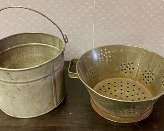 Vintage metal bucket with handle and 2-handled strainer
