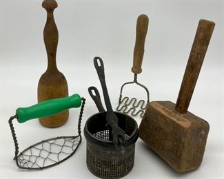 Primitive pestle and meat tenderizer, antique potato ricer, vintage potato mashers
