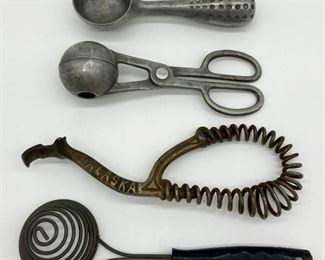 Vintage and antique ice cream scoop, melon scoop, wood stove burner lid lifter, egg separator