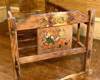 Antique wooden hand-detailed doll cradle