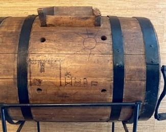 Antique wooden hand crank washing machine with iron stand