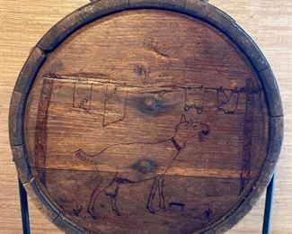 Antique wooden hand crank washing machine with iron stand