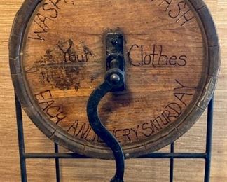 Antique wooden hand crank washing machine with iron stand