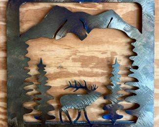 Black metal indoor/outdoor moose and mountains wall art