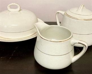 Buffalo Pottery covered butter dish, creamer, sugar bowl with lid