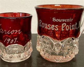 Vintage red and clear souvenir cups (Marion 1907 and Rouses Point, NY)