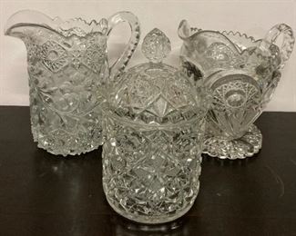 Vintage American cut glass pitchers and jar with lid