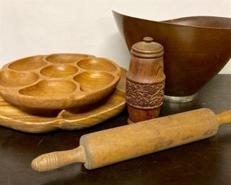 Vintage hand-carved wood spice/tobacco jar; vintage rolling pin; vintage Richard Hudson wooden bowl; vintage monkey pod wood serving dishes