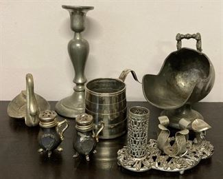 Assorted silver plate items: salt & pepper shakers, candle holders, swan trinket dish, collapsing cup, scoop, ladel