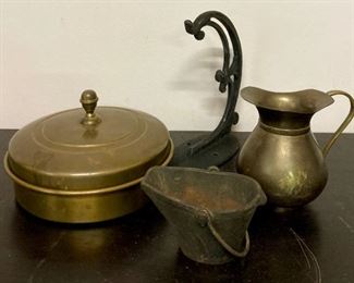 Vintage brass/glass relish dish; vintage pitcher; vintage scoop