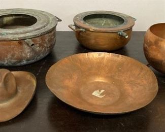 Vintage copper Gregarian hat ashtray, vintage copper dishes and pots