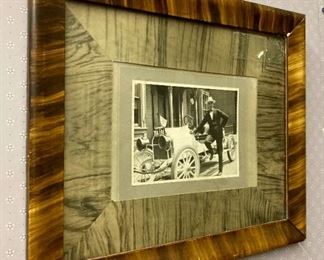 Framed antique photo: man & car