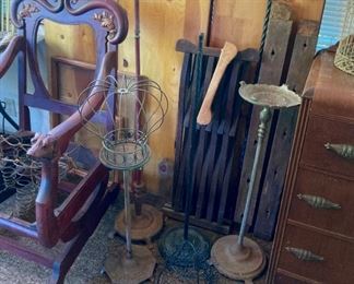 Vintage metal plant stands, vintage metal lamp shade frame