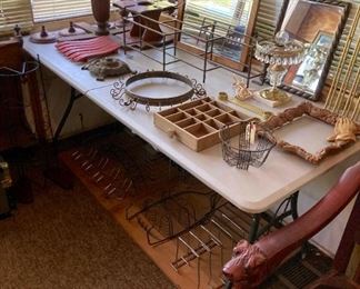 Architectural salvage including child's chair seat and lamp bases, metal egg basket, framed mirrors