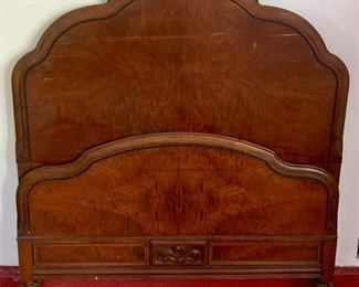 Antique carved floral single bed frame on casters (headboard, footboard, rails and slats)