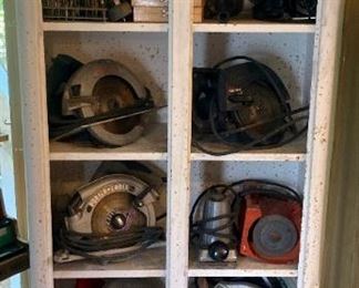 Multiple circullar saws (Craftsman, Porter Cable, Black & Decker and more), lots of drill bits of all types - sets and singles