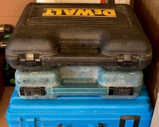 Assorted drills and drill cases, drill chargers