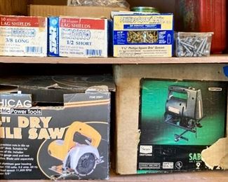 Assorted nails and screws, tile saw, saber saw