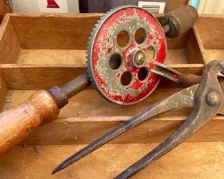 Vintage handcrank drill, ferrier pulls