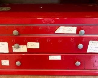 Hardware organizer with cotter pins, nails, bolts, nuts, wingnuts, glass cutter, latches, eye hooks, and more