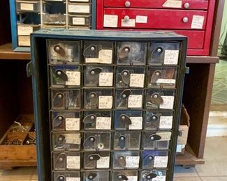 Homemade hardware organizer with leather drawer pulls