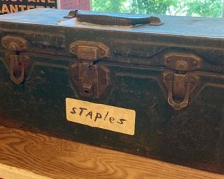 Vintage metal toolbox (with staples for pneumatic or hand stapler)