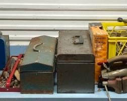 Assorted vintage metal toolboxes and hand tools