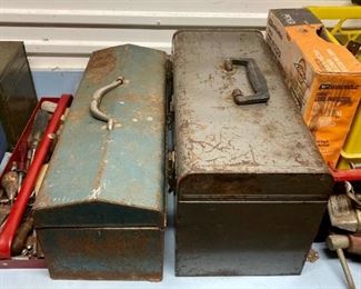 Vintage metal tool boxes and hand tools