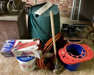 Rain barrel, car jack, painters buckets