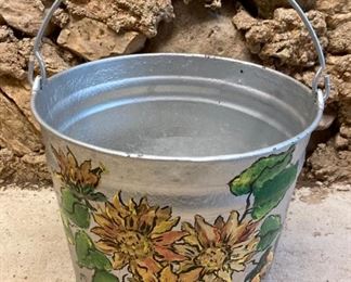 Vintage hand-painted metal bucket with handle
