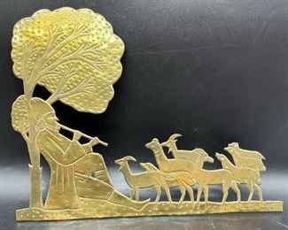 Vintage Brass Shepherd w Flute and Goats