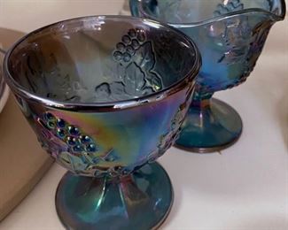 Iridescent Blue Carnival Glass Sugar and Cream Set /Harvest Grape /Sugar and Creamer Set/ Grape Leaves w tray