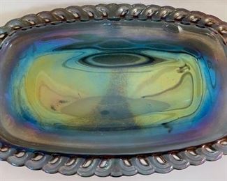 Iridescent Blue Carnival Glass Sugar and Cream Set /Harvest Grape /Sugar and Creamer Set/ Grape Leaves w tray