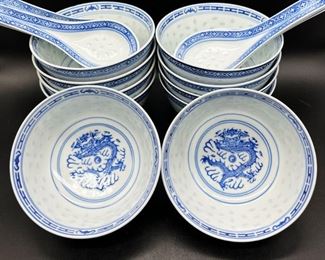 Chinese Dragon White and Blue Rice Bowls