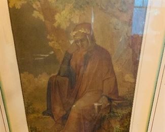This  original 1915 watercolor by Terzo Chiappini , a note Tuscan artist.  The watercolor is entitled "Dante Meditating Outside Florence"