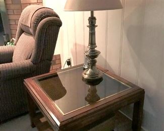 Stiffel lamp (one of a pair), and glass top side table (we also have other similar tables)