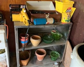 Metal rollable shelf, pots, chain saw, tackle box