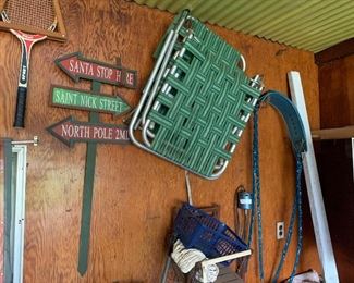 Lawn chair, tennis racket, swing