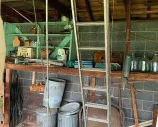 Aluminum extension ladder, trash cans, chimney sweeper, roof snow shovel 