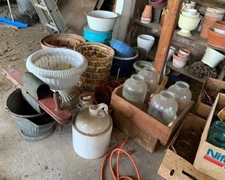 Crock, vintage pail, canning jars, baskets, pots