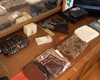 Vintage purses, fan, alarm clock, cuff links
