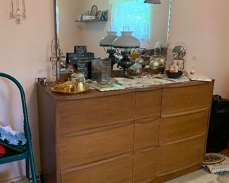 Mid Century modern dresser, Anniversary clock, oil lamp
