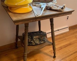 Antique claw foot/glass ball oak table, sewing boxes, vintage hats