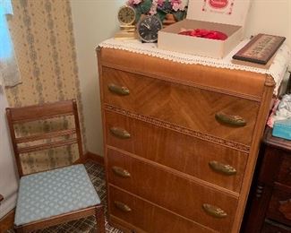 Gorgeous art deco dresser, vintage clocks, vintage sanders box with candy tray