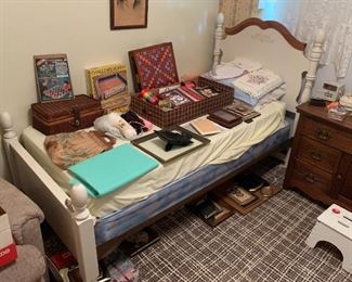 Cute twin bed frame with bed, picture frames, vintage games